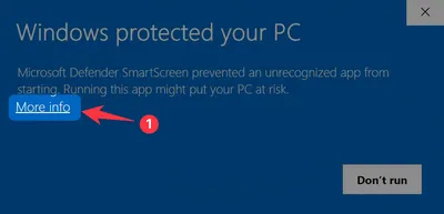 Windows SmartScreen dialog — click "More info" to reveal the Run anyway option