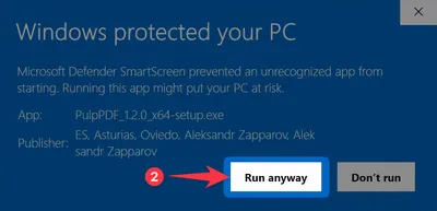 Windows SmartScreen dialog after expansion — click "Run anyway" to launch PulpPDF
