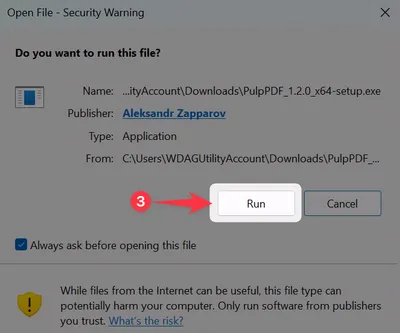 Windows Open File security warning — click "Run" to confirm launching PulpPDF